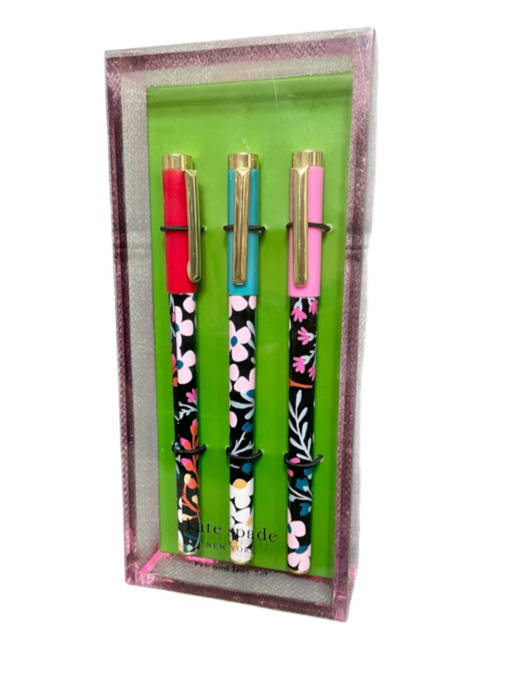 Kate Spade Fall Floral Pen Set w/ Pink Acrylic Tray New in Box